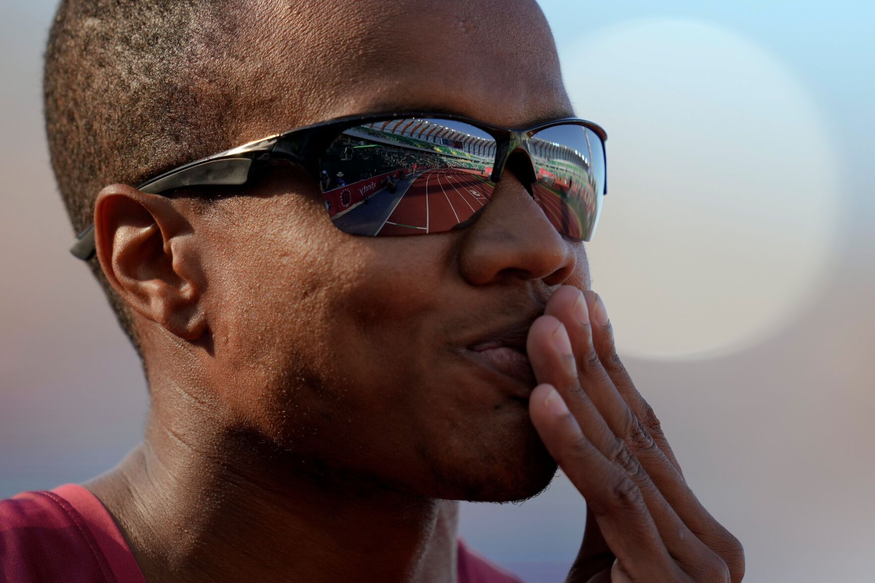 Isaiah Jewett celebrates after winning the fourth heat of the men's 800-meter run